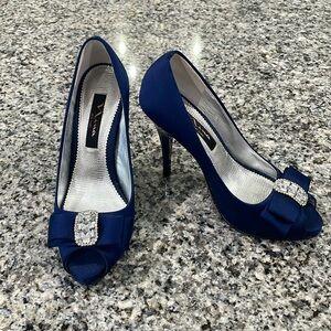 Nina Blue Satin Peep Toe Heels